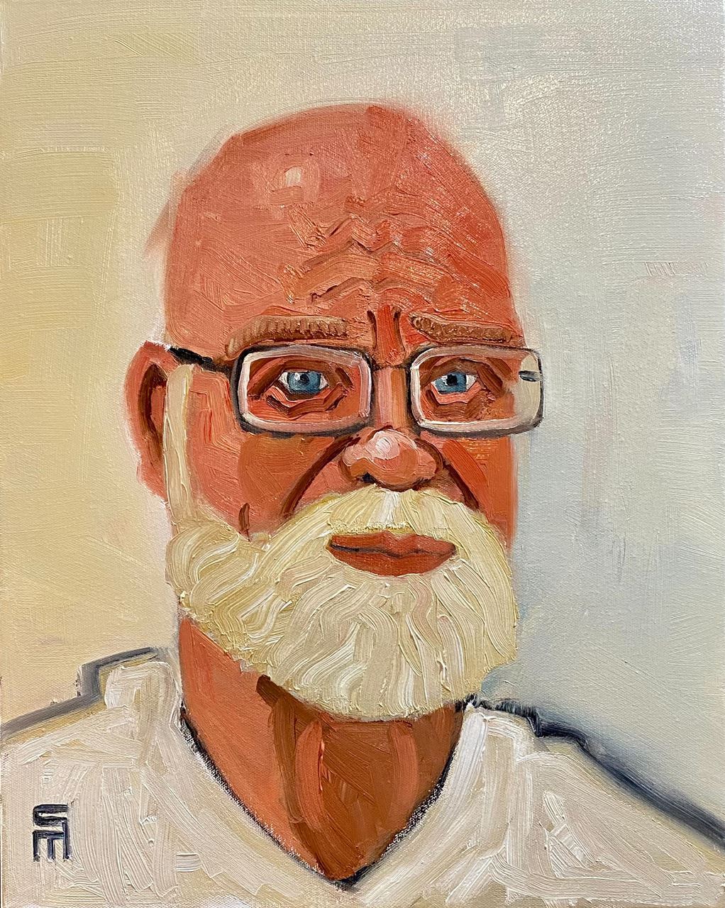 Self portrait painting of the artist.  Image is of a man, bald with a d full beard.  Blonde and white hair, blue eyes with square glasses. He is wearing a white shirt. Background is off white.